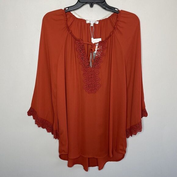 SPENSE Top Womens Small Brick Orange Popover Tunic Blouse NEW Lace Trim Relaxed - Picture 1 of 9
